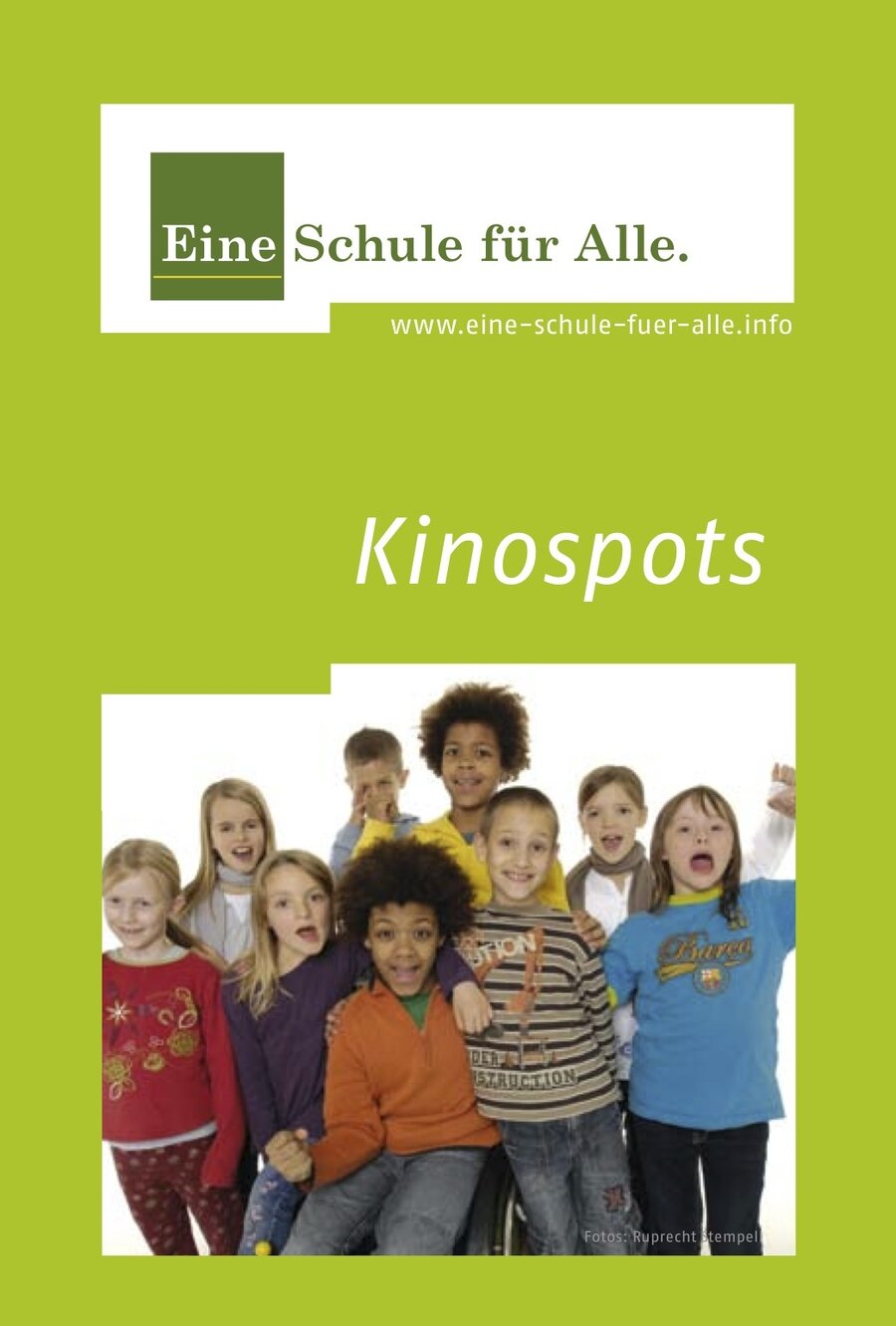 Kinospots, Grüner Hintergrund, kleines Foto von mehreren Kindern, davon eines in einem Rollstuhl, Titel Kinospots