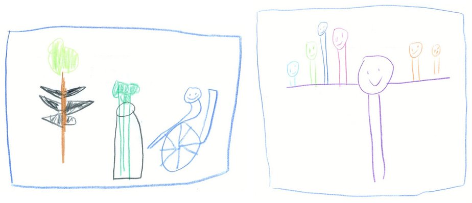Illustration Christine Eine Kinderzeichnung, die die Separation von Kindern mit Behinderung von Gleichaltrigen darstellt.