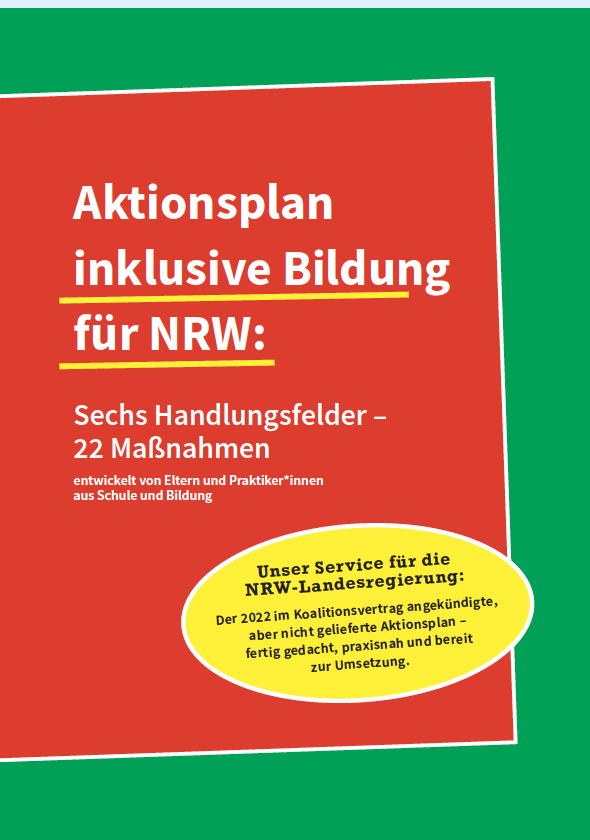 Titelblatt des Aktionsplans inkluisve Bildung. Auf einer rot-grünen Fläche steht in weißer Schrift „Sechs Handlungsfelder – 22 Maßnahmen"