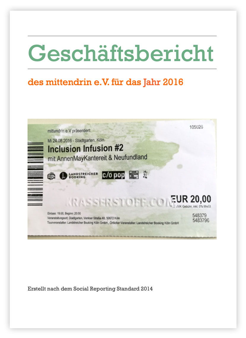 Schriftzug: Geschäftsbericht des mittendrin e.V. für das Geschäftsjahr 2016. Darunter ein Bild von einem Konzert-Ticket mit der Aufschrift „Inclusion Infusion #2, AnnenMayKantereit & Neufundland. Unter dem Bild steht: Erstellt nach dem Social Reporting Standard 2014 