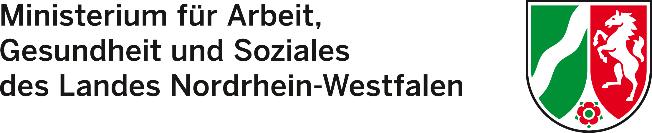 Wappen der Landes Nordrhein-Westfalen, rechts daneben schwarzer Text: Ministerium für Arbeit, Gesundheit und Soziales des Landes Nordrhein-Westfalen